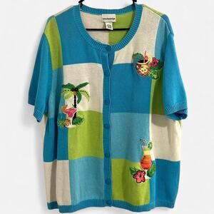 Vintage 90s “Breckenridge” Embellished Tropical Checkerboard Cardigan